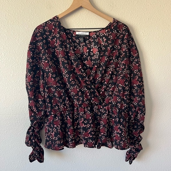 Eloquii Elements Black Burgundy Floral Long Sleeve V Neck Peplum Top- Size 16 - Picture 2 of 11